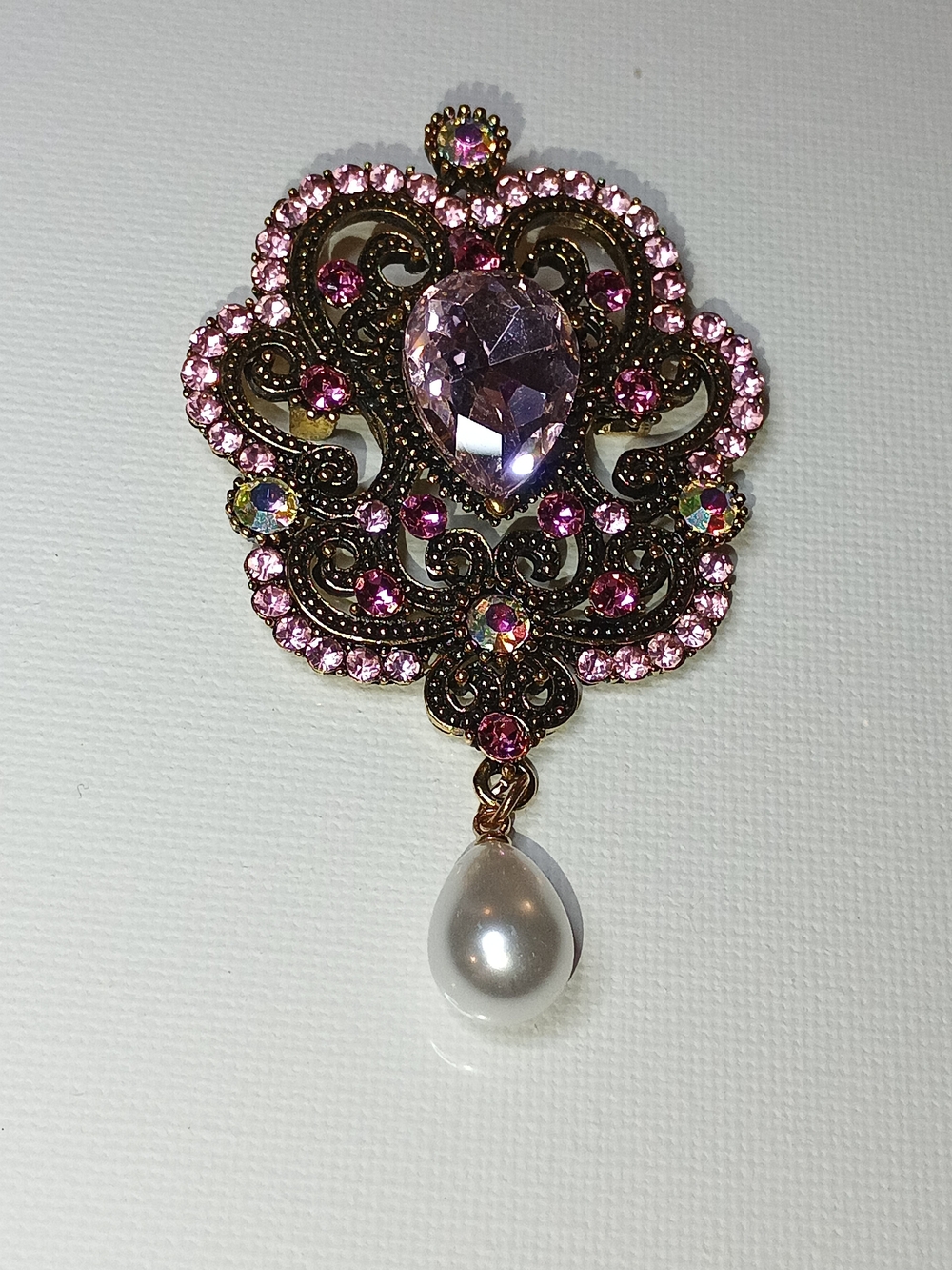 Vintage-Inspired Pink Crystal Filigree Pendant Necklace with Pearl Drop